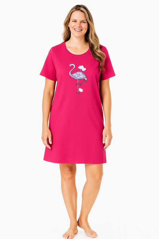 Women’s pink short sleeve sleepshirt with playful prints, 40-inch length, and soft cotton fabric for breathable comfort and cozy lounging.