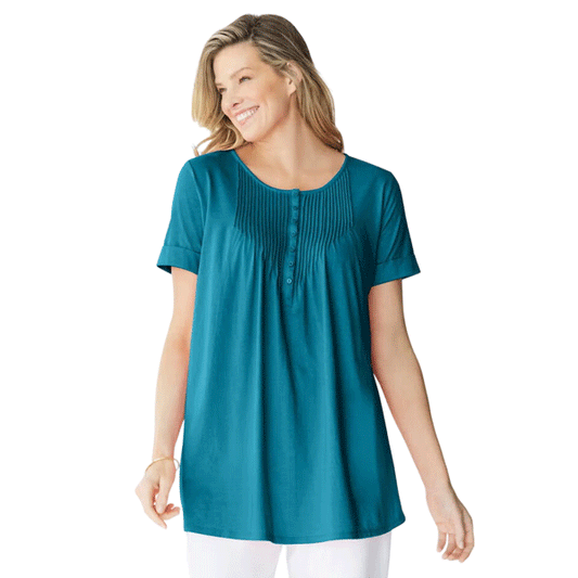 Deep Teal Short Sleeve Pintucked Henley Tunic PSW-9235