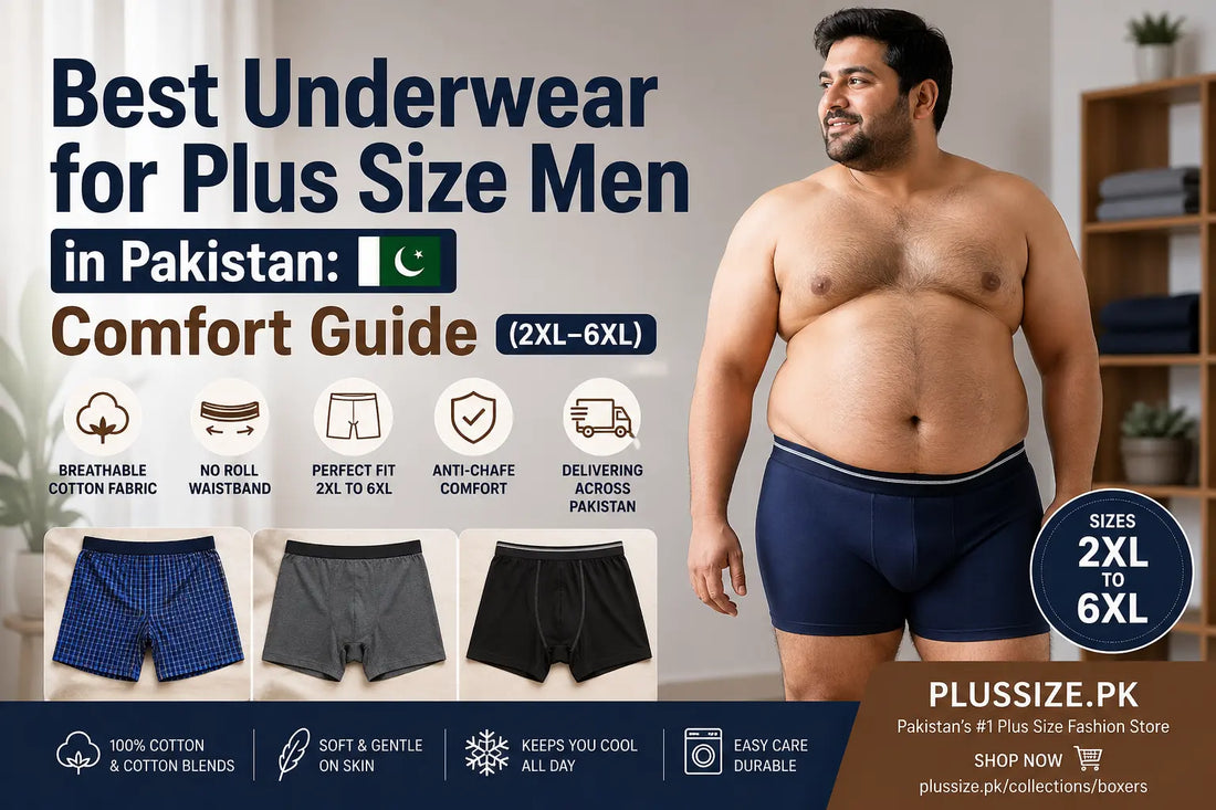 Plus size man wearing comfortable cotton boxer briefs in Pakistan, showcasing 2XL to 6XL underwear with breathable fabric and no-roll waistband