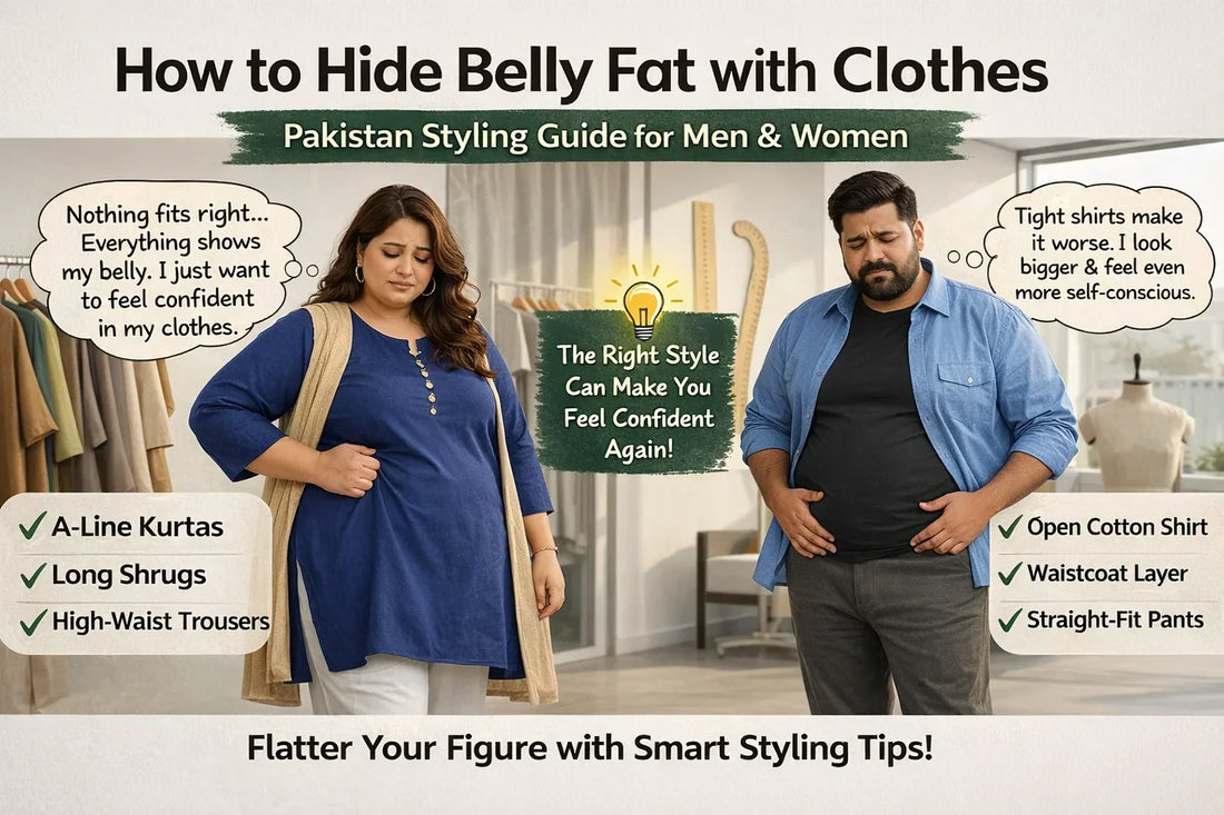 Plus size Pakistan styling guide showing how to hide belly fat with clothes for men and women