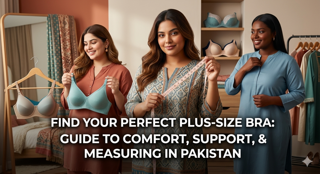 Three plus-size women holding a measuring tape to find the correct bra size in Pakistan. A visual guide for choosing comfortable and supportive plus-size bras.