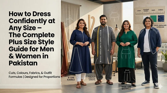 A style guide infographic illustrating plus size fashion solutions in Pakistan, featuring diverse models showcasing A-line Kameez, wide-leg balance, and tailored pinstripe kurtas (Sizes 2XL–6XL)