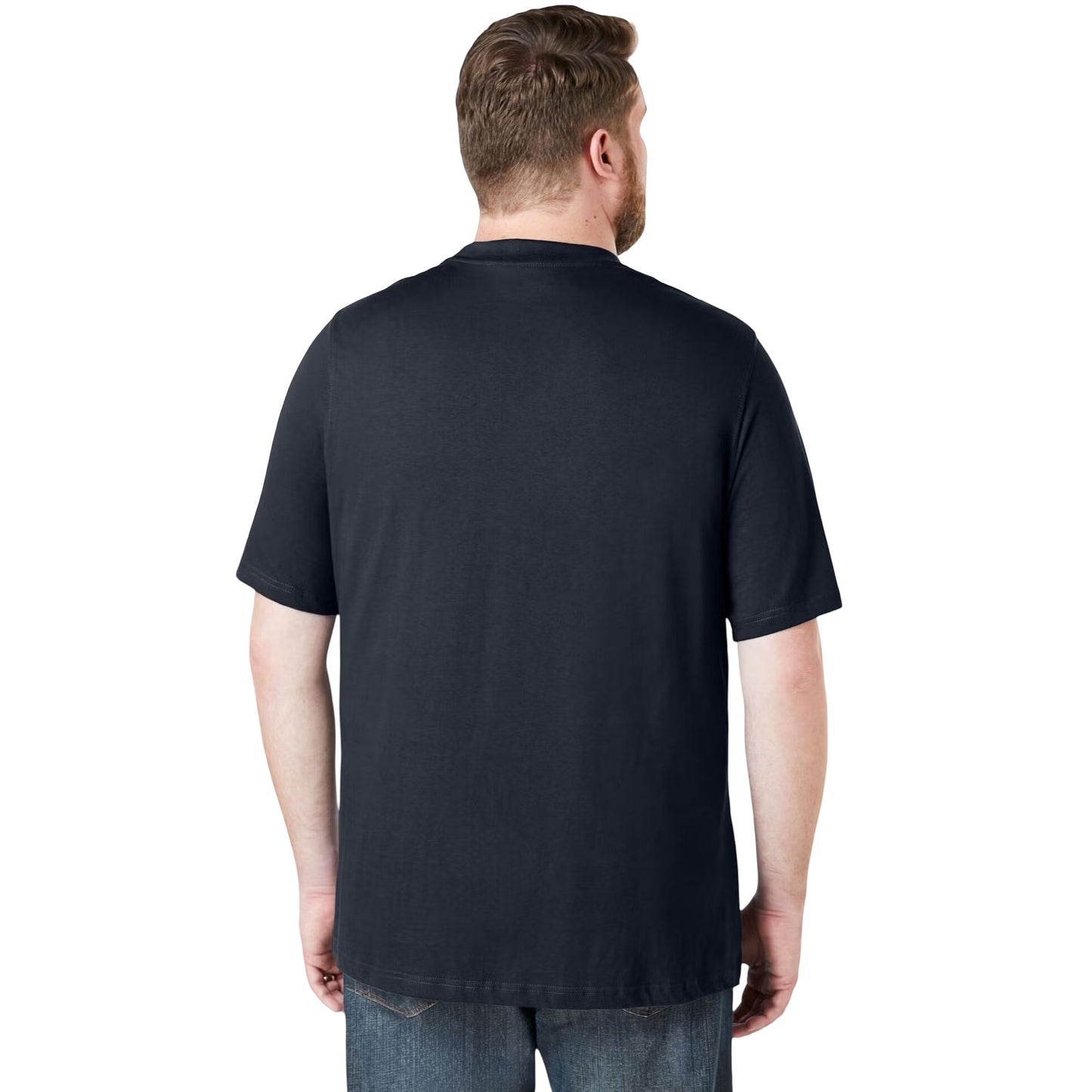 Plus-size Pakistani male model wearing black crewneck cotton T-shirt with pocket, front view on light-gray background, casual relaxed fit.