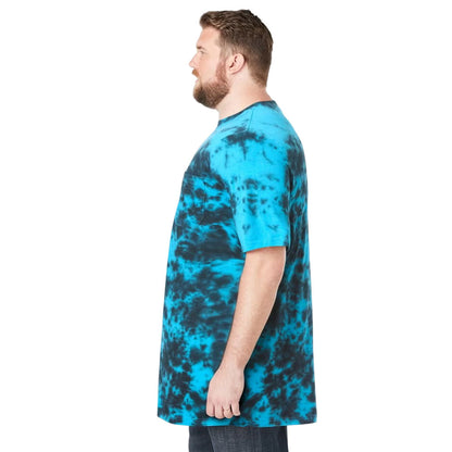 Plus-size Pakistani male model wearing Electric Turquoise Marble crewneck T-shirt on light background, relaxed fit casual wear.