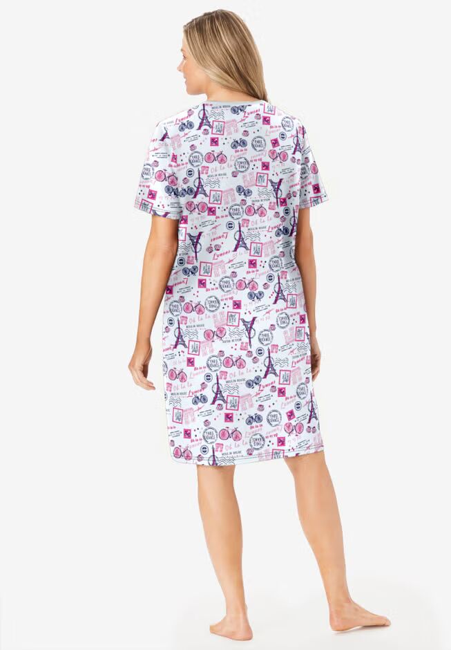 Raspberry Sorbet Paris Short Print Cotton Sleepshirt with ribbed V-neck and short sleeves – women’s nightwear"