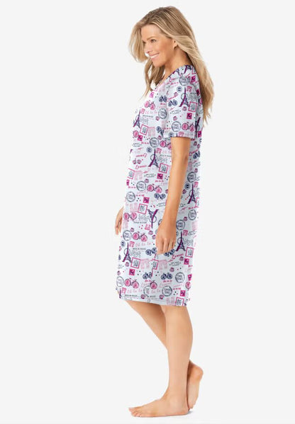 Raspberry Sorbet Paris Short Print Cotton Sleepshirt with ribbed V-neck and short sleeves – women’s nightwear"