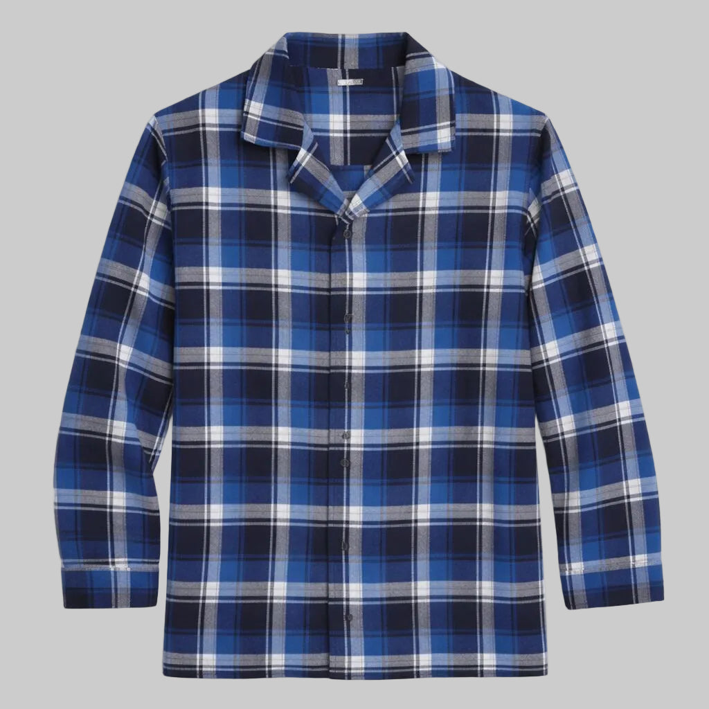 Twilight plaid flannel night shirt made from soft brushed cotton with a relaxed fit and classic plaid pattern shown on a plain background.