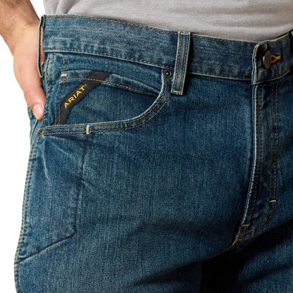 Dark indigo straight fit denim jeans with stretch, light wash, reinforced belt loop, deep pockets, straight leg