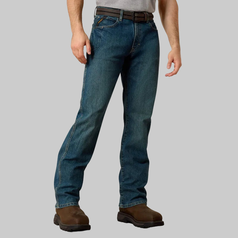 Dark indigo straight fit denim jeans with stretch, light wash, reinforced belt loop, deep pockets, straight leg
