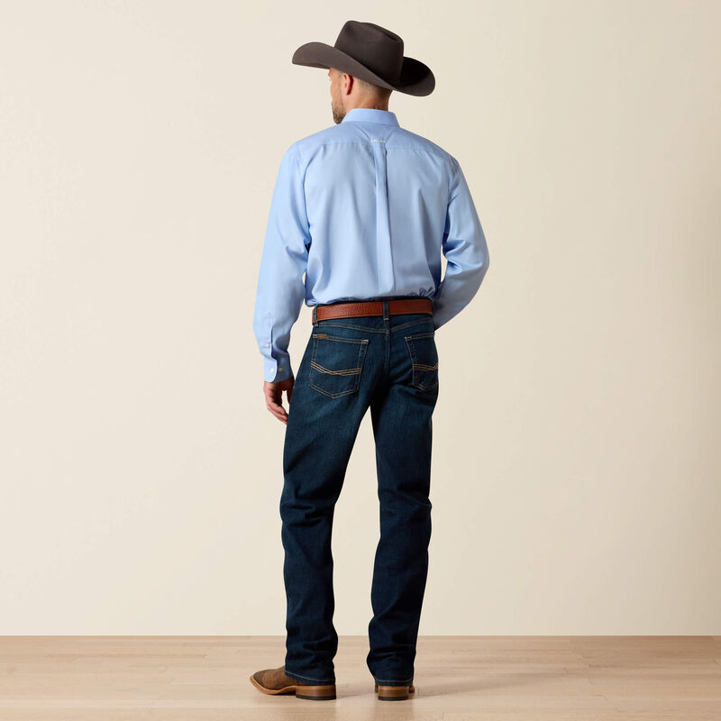 Indigo Slim Stretch Straight Leg Jean — stretch denim, straight through thigh, hand-sanded finish, zipper fly.