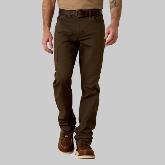 Stone brown utility straight-leg pants with durable Durastretch fabric, straight-leg fit, and workwear design, made from cotton and spandex blend.