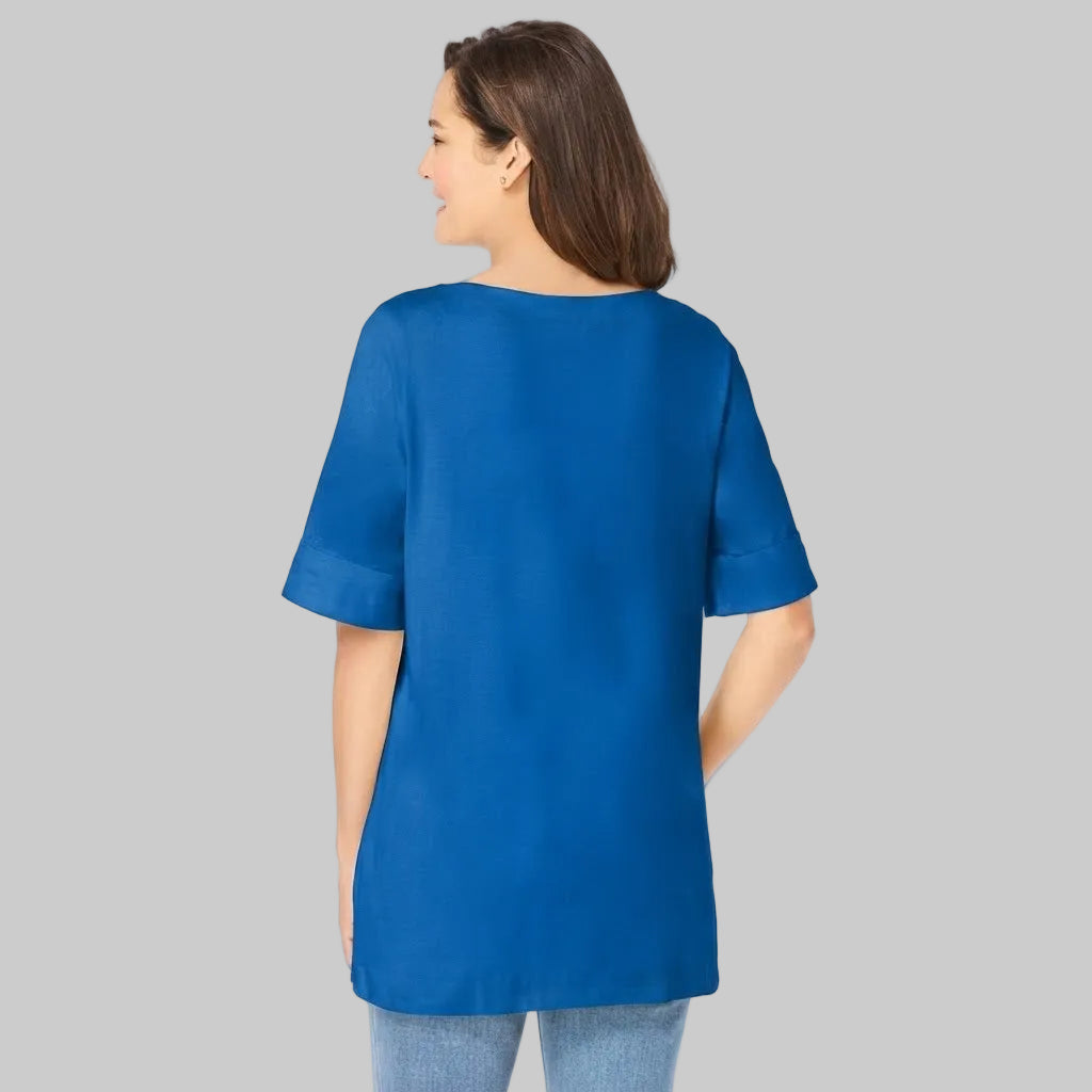Royal Blue Cuffed Elbow-Sleeve Boat-Neck Tee in Cotton Jersey