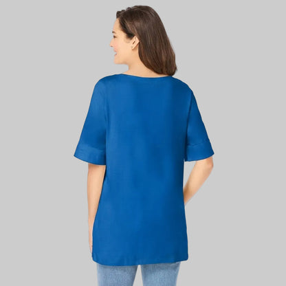 Royal Blue Cuffed Elbow-Sleeve Boat-Neck Tee in Cotton Jersey