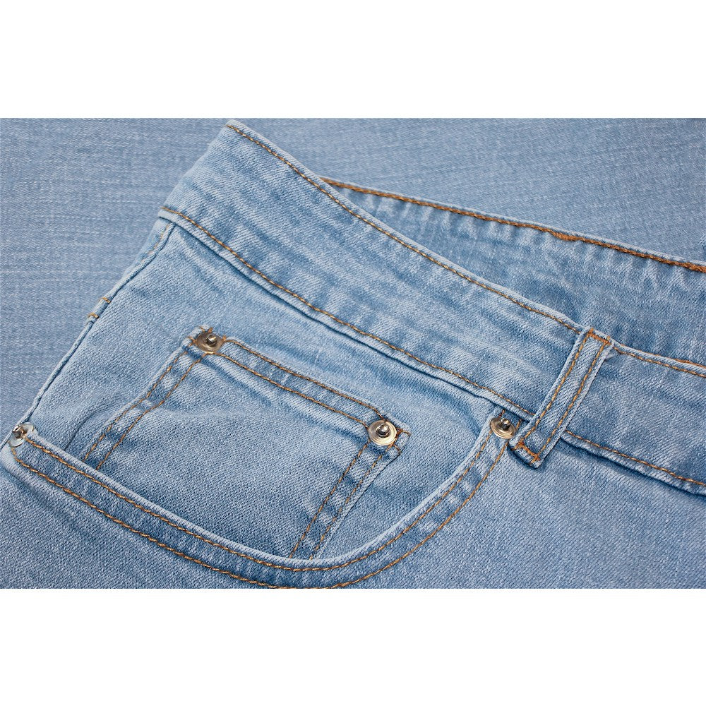 Men’s Light Wash Stretch Fit Denim Jeans with straight-leg cut, YKK zip fly, button fastening, and stretch cotton blend for comfort.