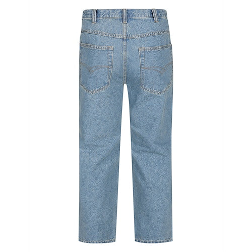 Plus-size men’s stone wash blue regular fit jeans with straight leg, button and zip fly, front and rear pockets, displayed on a clean white background.