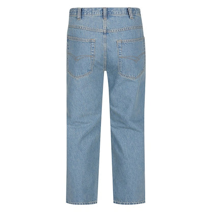 Plus-size men’s stone wash blue regular fit jeans with straight leg, button and zip fly, front and rear pockets, displayed on a clean white background.