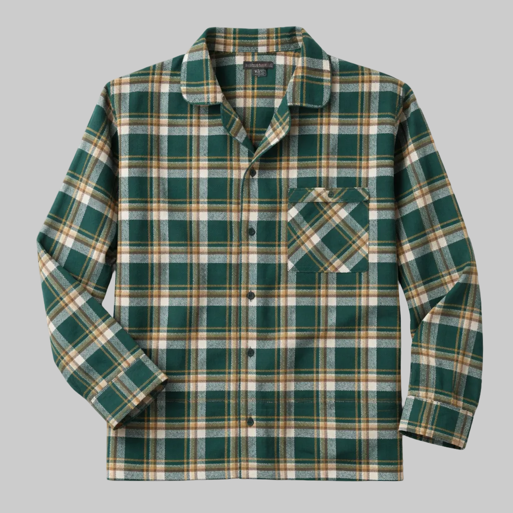 Green white ochre checked flannel night shirt with button front design