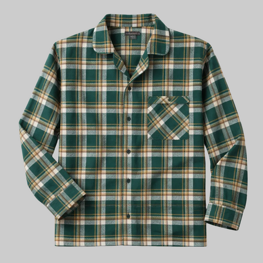 Green white ochre checked flannel night shirt with button front design