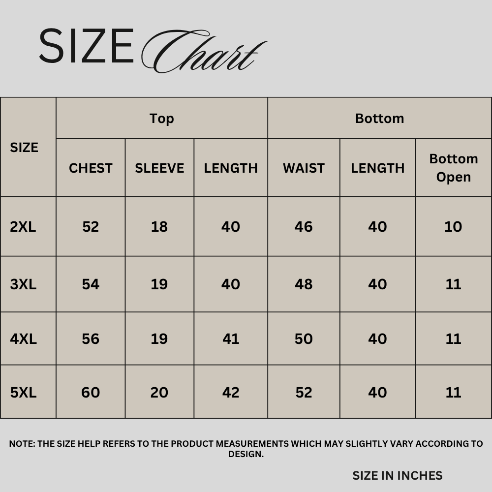 Size chart for Tri-Color Pastel Wave Embroidered 3-Piece Suit PSW-11445