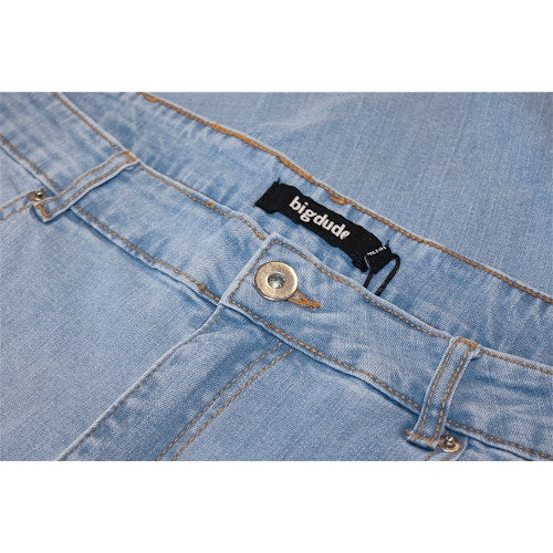 Men’s Light Wash Stretch Fit Denim Jeans with straight-leg cut, YKK zip fly, button fastening, and stretch cotton blend for comfort.