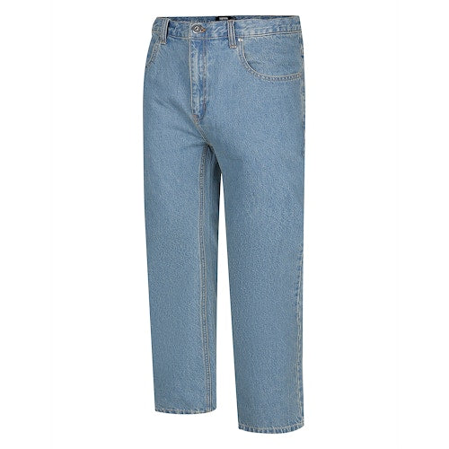 Plus-size men’s stone wash blue regular fit jeans with straight leg, button and zip fly, front and rear pockets, displayed on a clean white background.