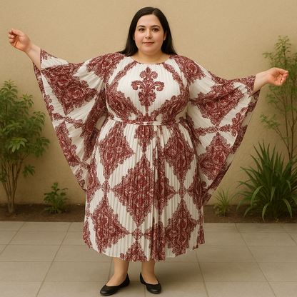 Vintage Maroon Patterned Pleated Plus Size Kaftan PSW-9413
