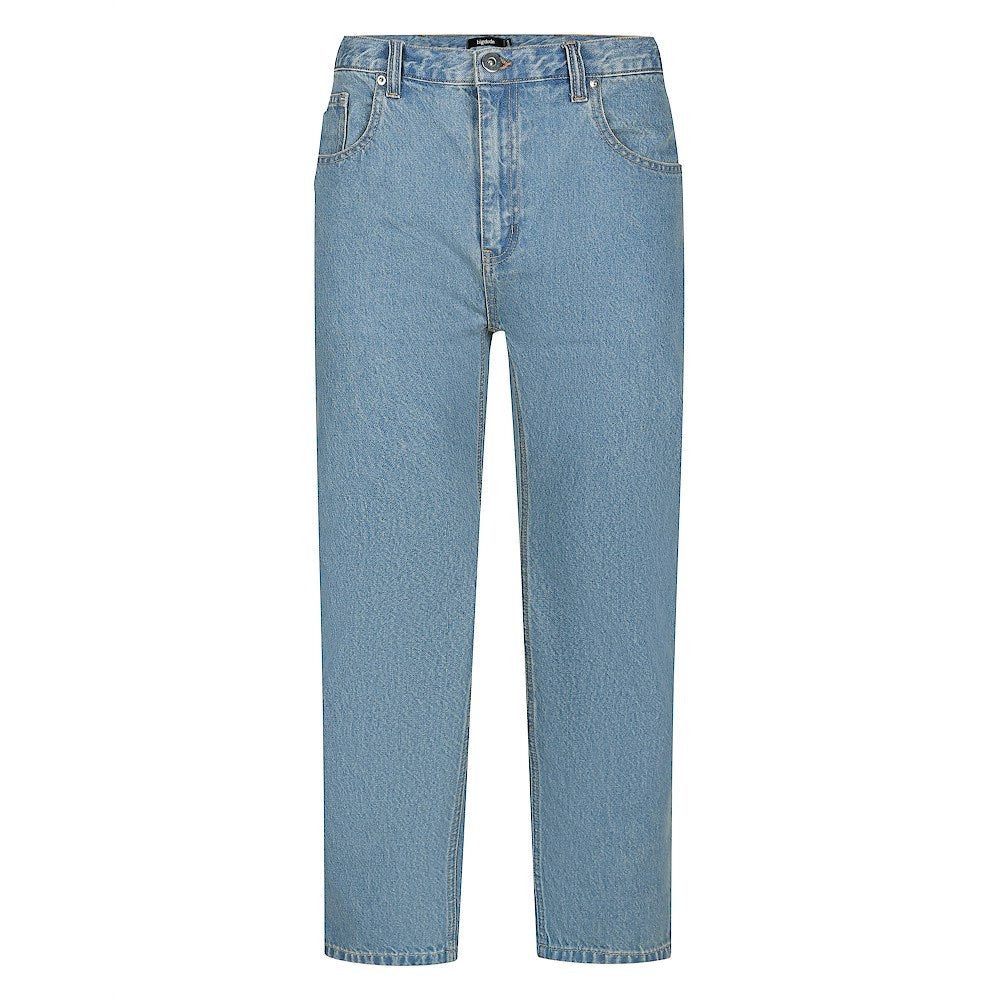Plus-size men’s stone wash blue regular fit jeans with straight leg, button and zip fly, front and rear pockets, displayed on a clean white background.