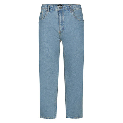 Plus-size men’s stone wash blue regular fit jeans with straight leg, button and zip fly, front and rear pockets, displayed on a clean white background.