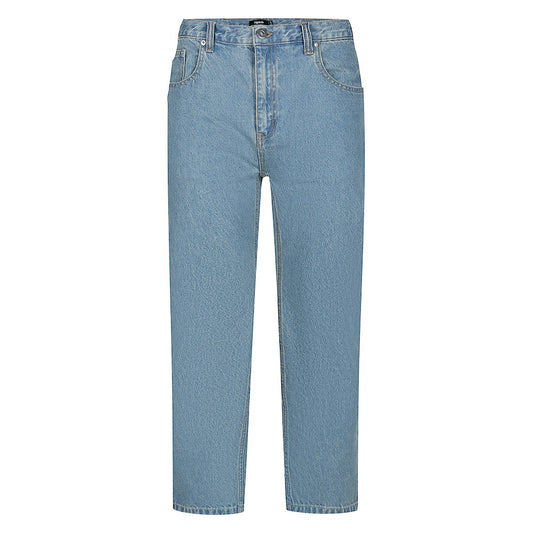 Plus-size men’s stone wash blue regular fit jeans with straight leg, button and zip fly, front and rear pockets, displayed on a clean white background.