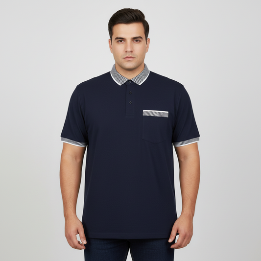 Navy houndstooth pique polo shirt with short sleeves and chest pocket