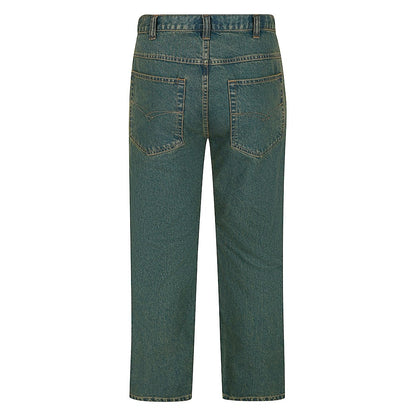 "Men’s vintage wash regular fit jeans with straight leg, button fastening, zip fly, belt loops, and five-pocket design, crafted from 100% cotton denim."