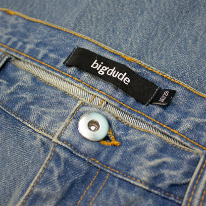Plus-size men’s stone wash blue regular fit jeans with straight leg, button and zip fly, front and rear pockets, displayed on a clean white background.