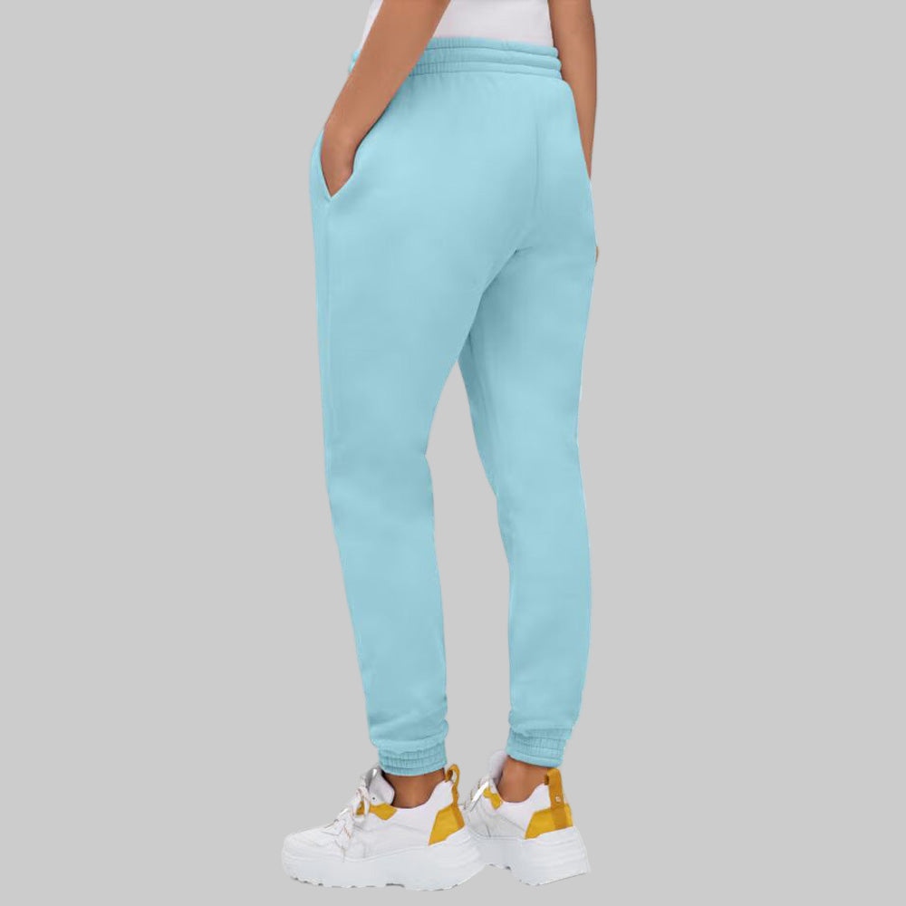 Aqua Sky Drawstring Waist Fleece Sweatpants with elastic cuffs, drawstring, and side pockets — soft, ankle-length plus size joggers for women.