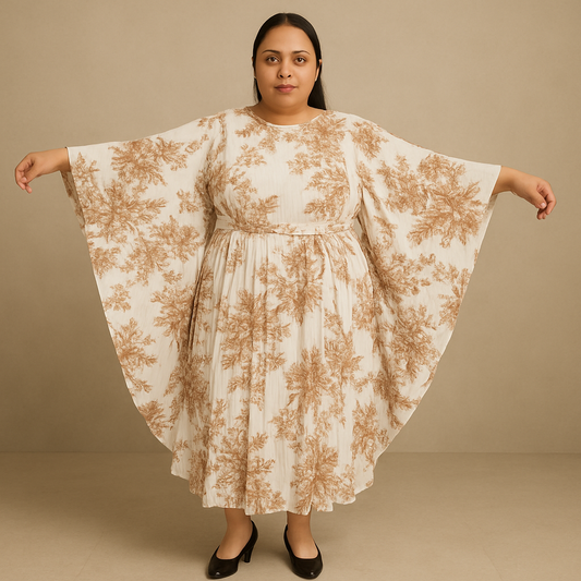 Elegant Flora Plus Size Kaftan – Brown & White-PSW-9424