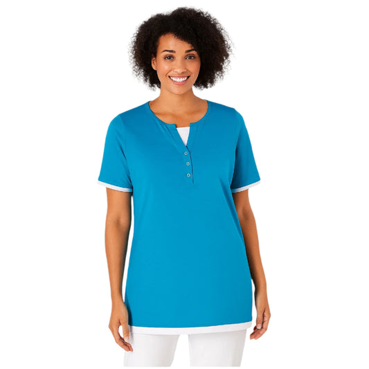 Aqua Faux Layered Henley Tee for Women – Short Sleeves Casual Top