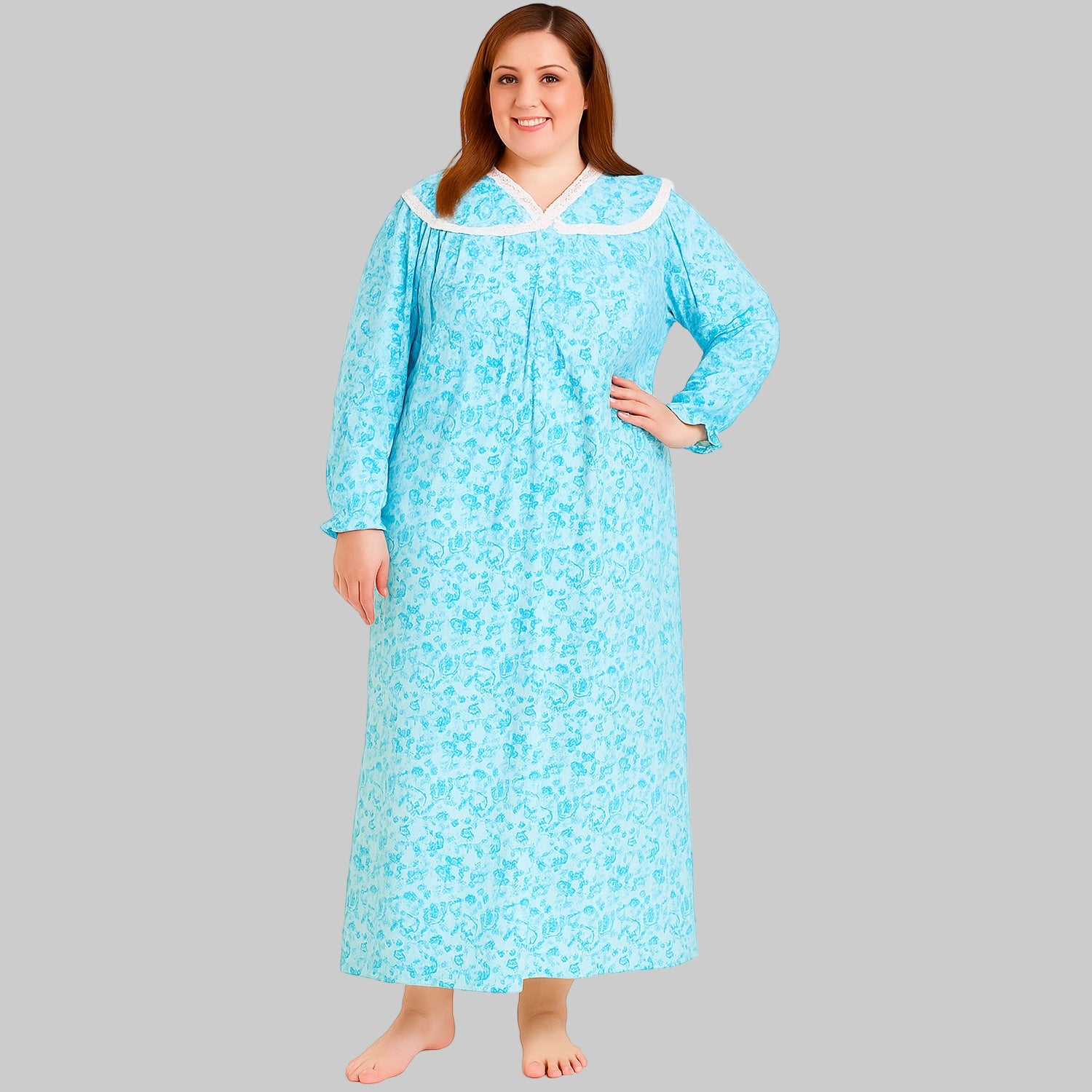 Plus size aqua blue flannel nightgown with lace trim – 52-inch long cotton sleepwear for women