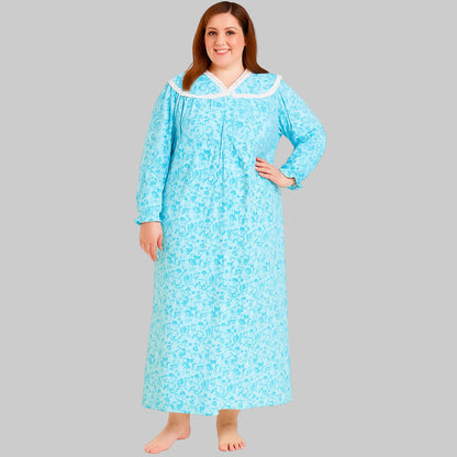 Plus size aqua blue flannel nightgown with lace trim – 52-inch long cotton sleepwear for women