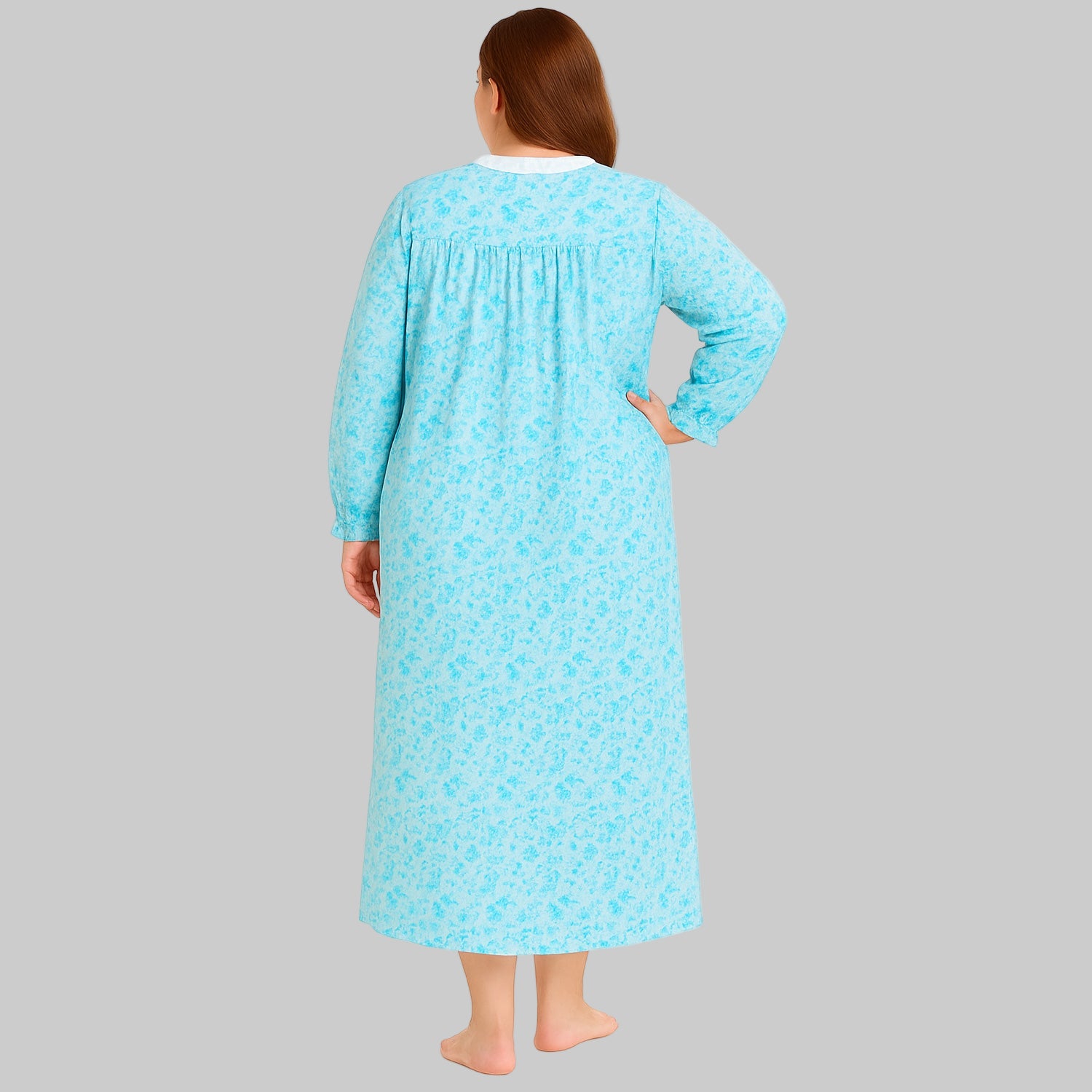 Plus size aqua blue flannel nightgown with lace trim – 52-inch long cotton sleepwear for women
