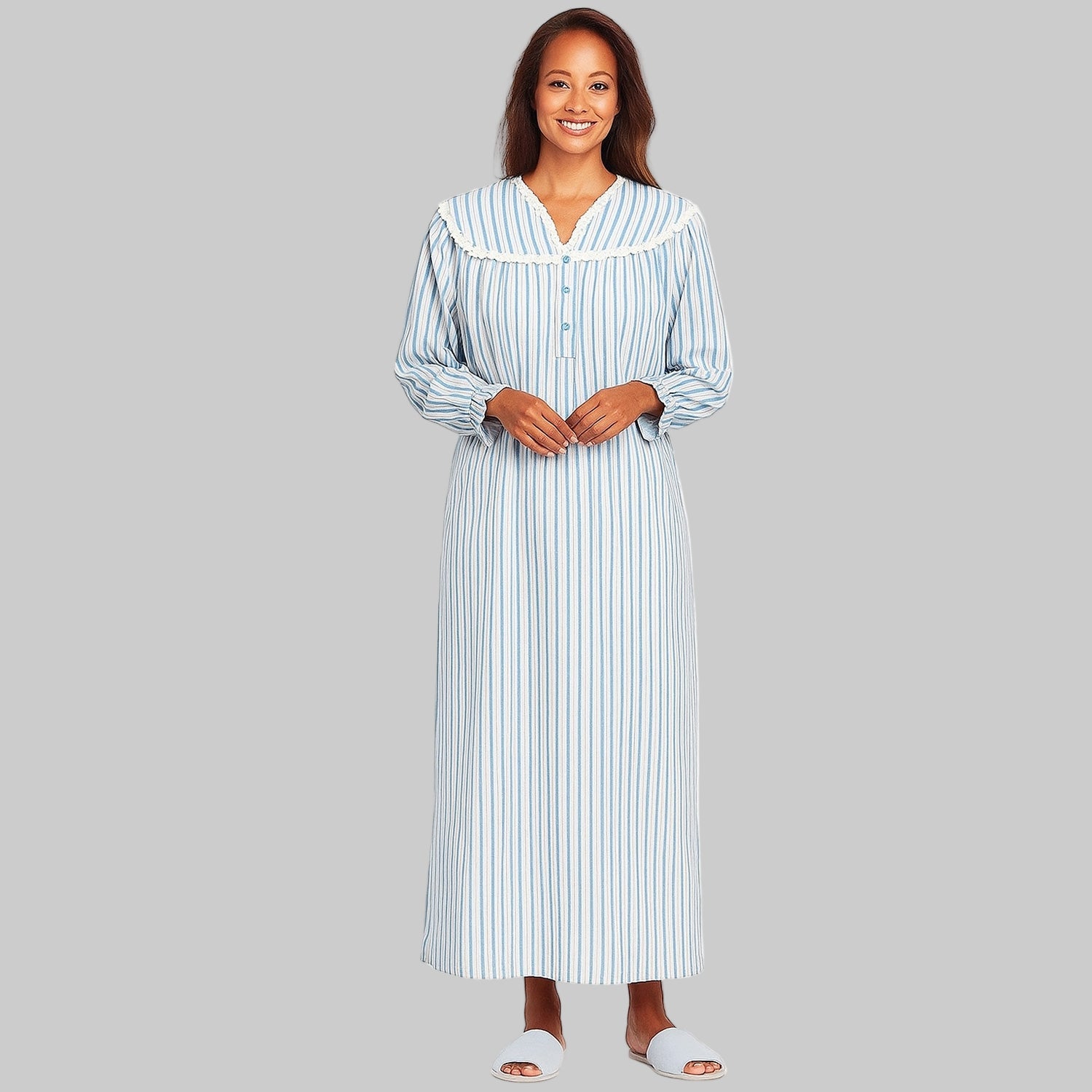 Aqua Flannel Stripes Lace Nightgown 