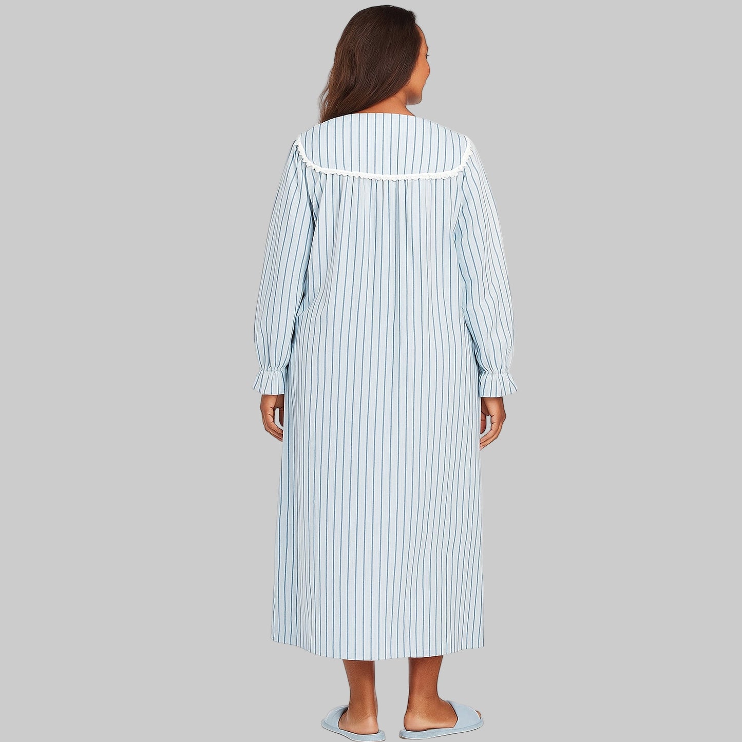 Aqua Flannel Stripes Lace Nightgown 