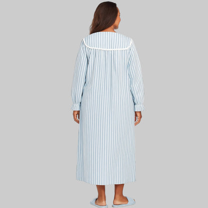 Aqua Flannel Stripes Lace Nightgown 