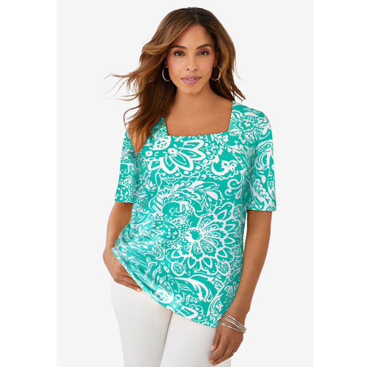 Aqua Sea Scroll Medallion Square Neck Top PSW-8128