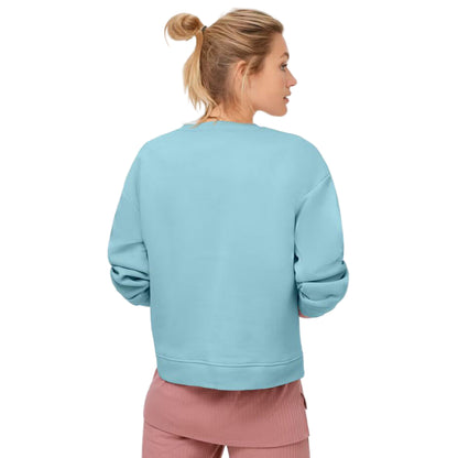 Flat-lay of Aqua Sky Fleece Sweatshirt on neutral background