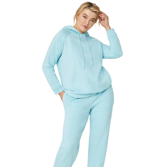 Flat-lay of Aqua Sky Hooded Fleece Sweatshirt on neutral background