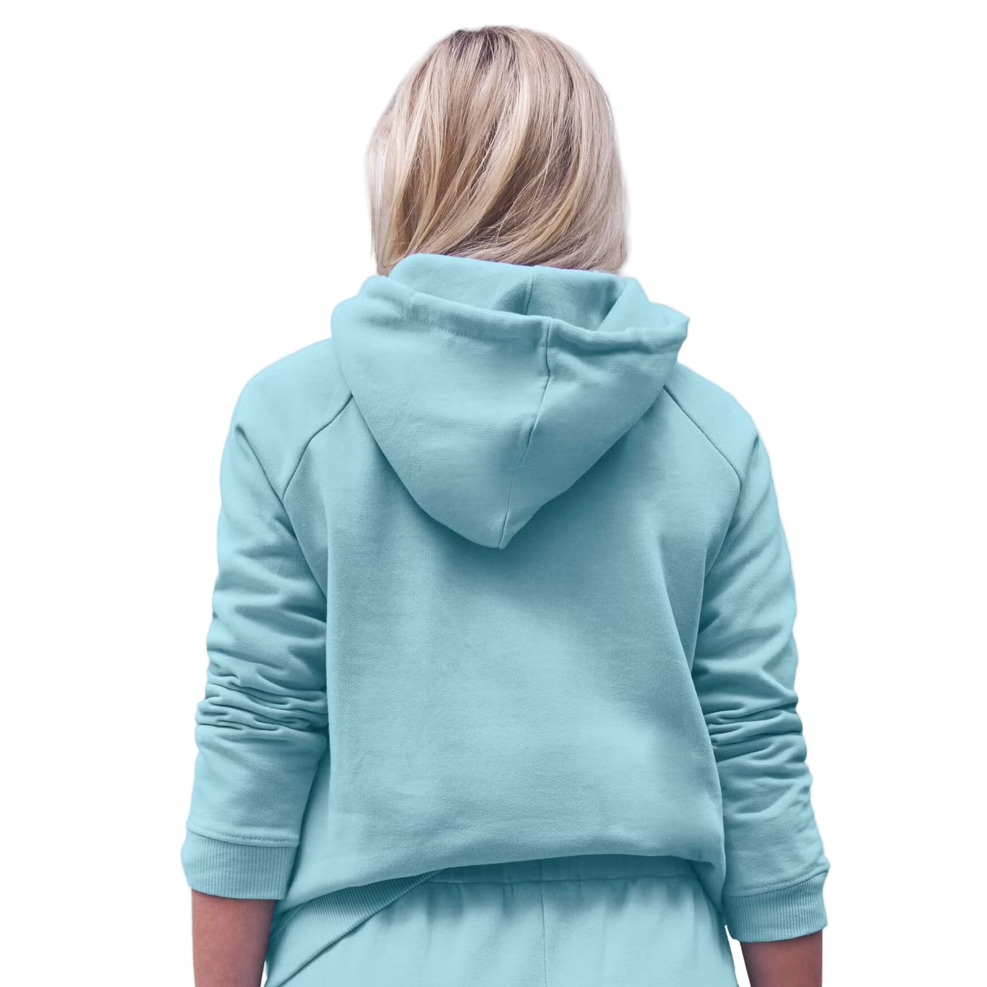 Flat-lay of Aqua Sky Hooded Fleece Sweatshirt on neutral background