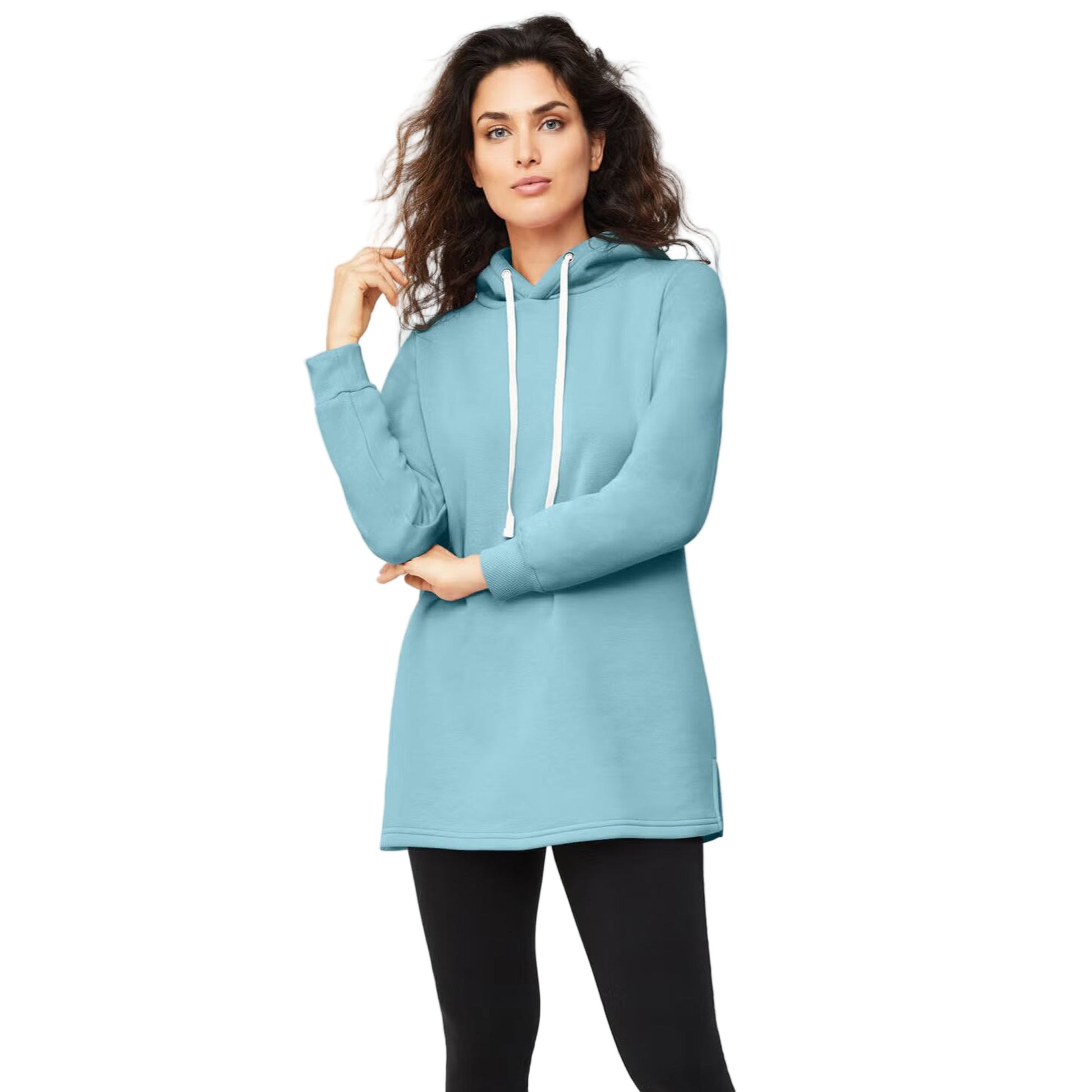 Flat-lay of Aqua Sky Hooded Tunic Sweatshirt on neutral background