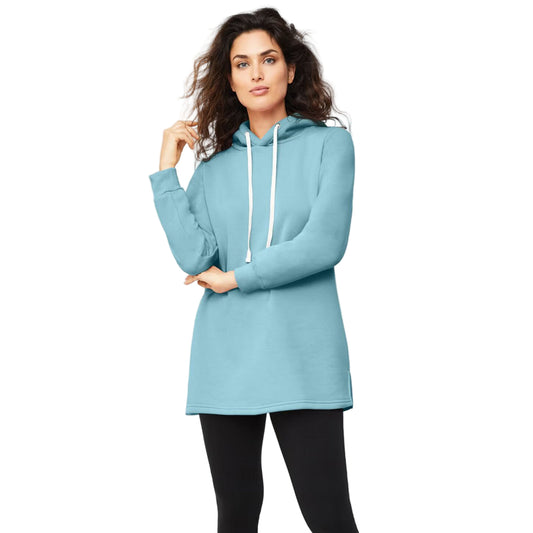 Flat-lay of Aqua Sky Hooded Tunic Sweatshirt on neutral background