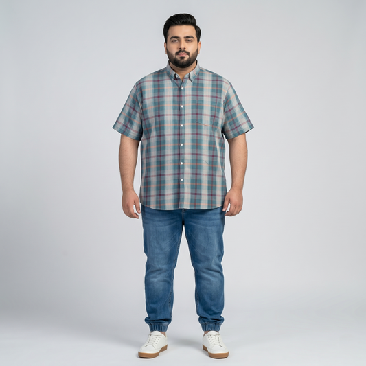Aqua berry plaid half sleeve cotton casual shirt for men