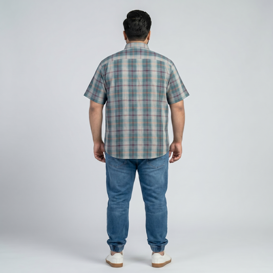 Aqua berry plaid half sleeve cotton casual shirt for men