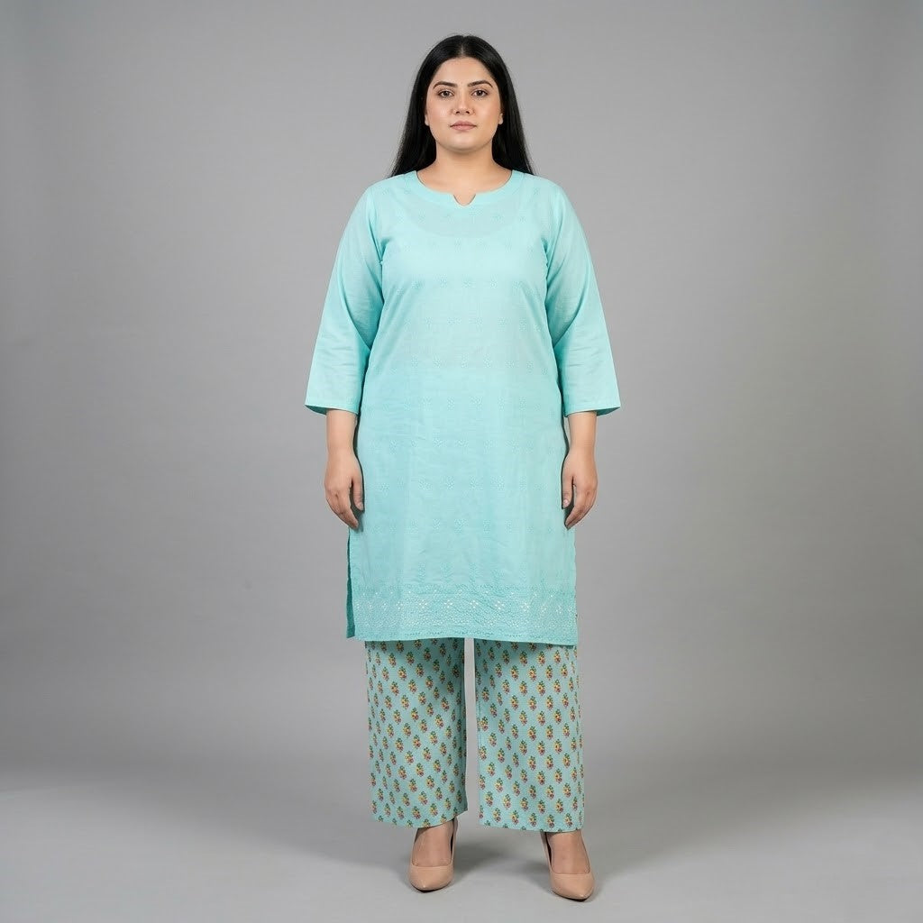 Aqua blue Chikankari Lawn shirt with printed Lawn trouser co-ord set